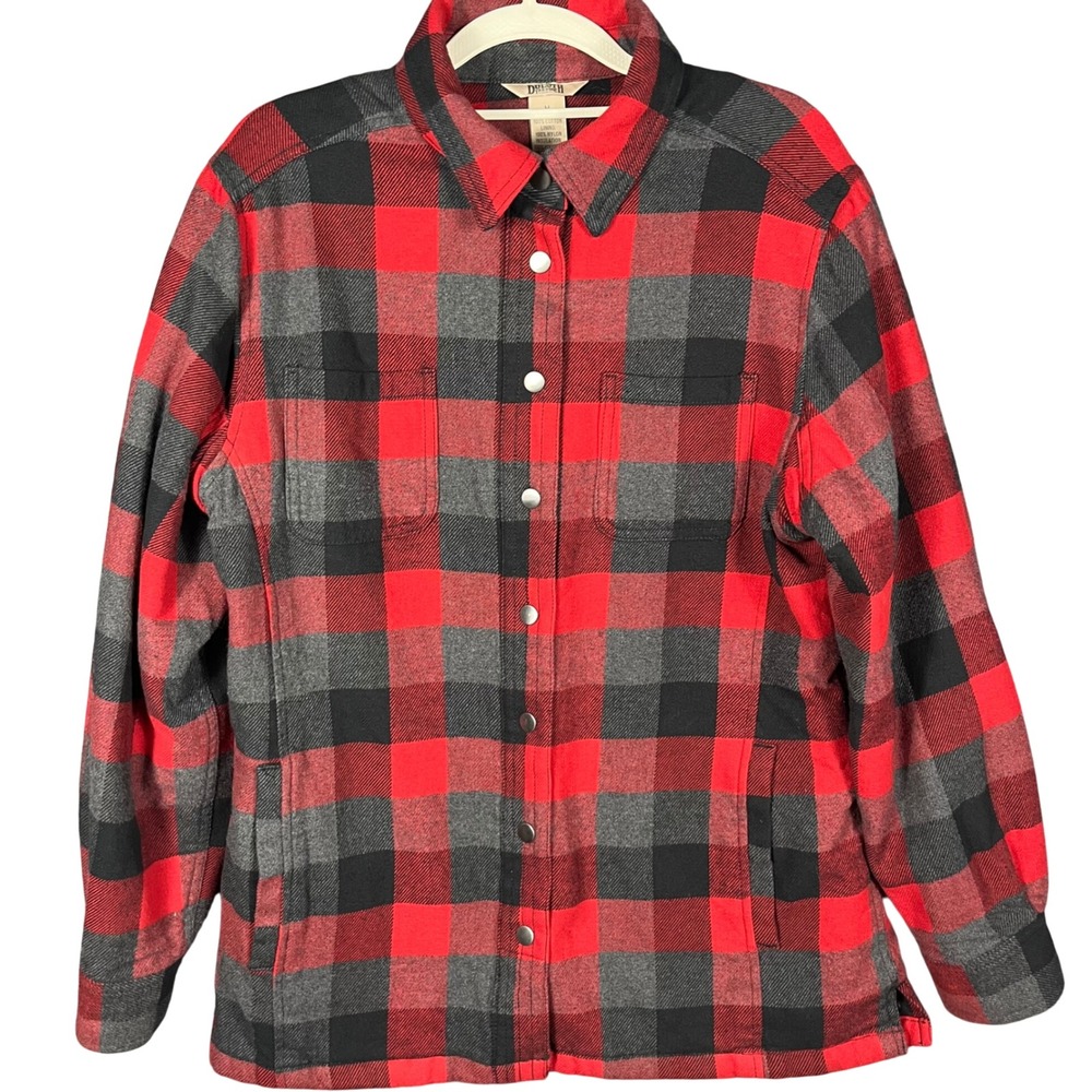 Duluth Trading Co Flannel Shirt Jacket Mens M Red Black Plaid Quilted Insulated